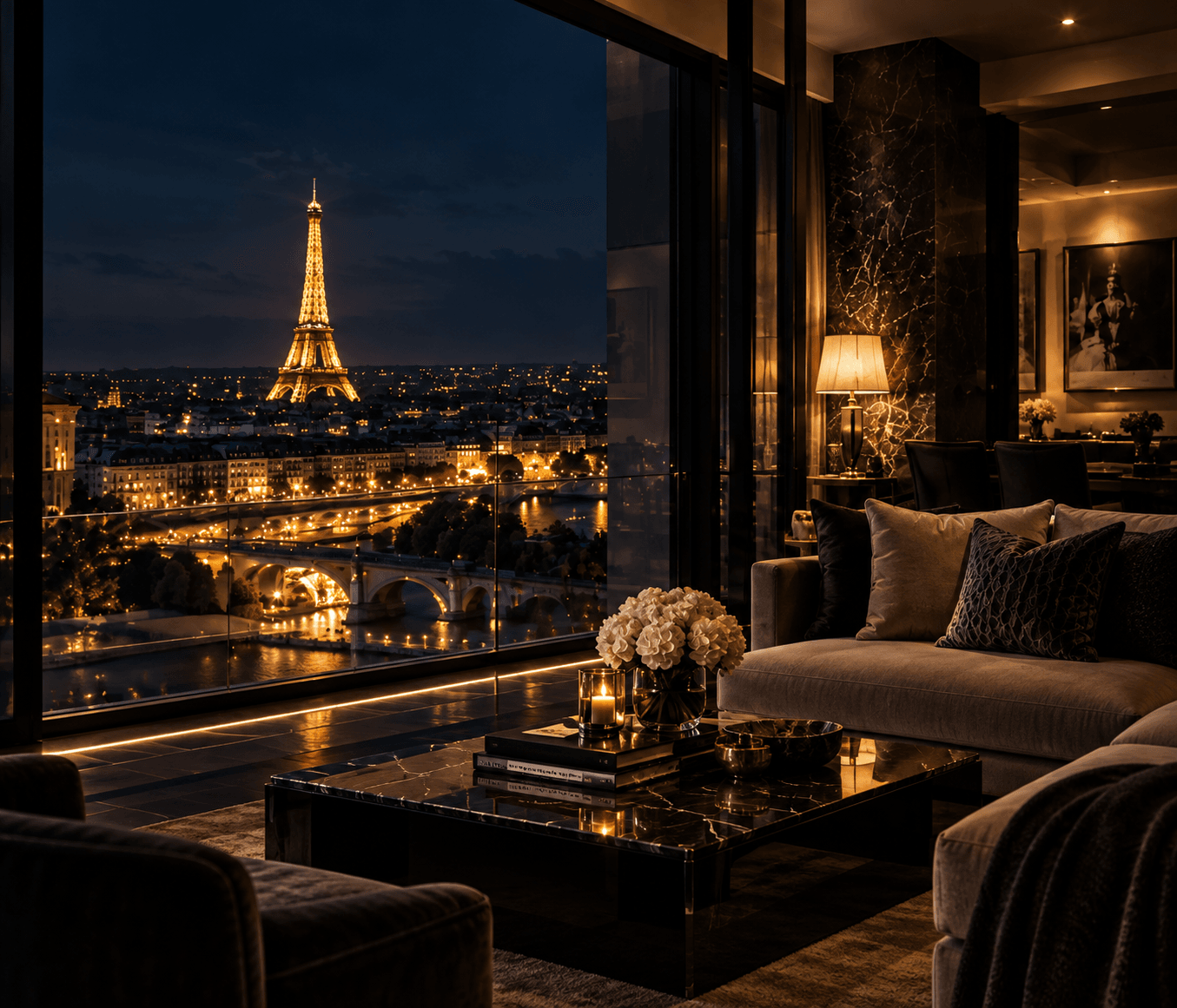 Vue nocturne de la tour Eiffel depuis un intérieur haut de gamme