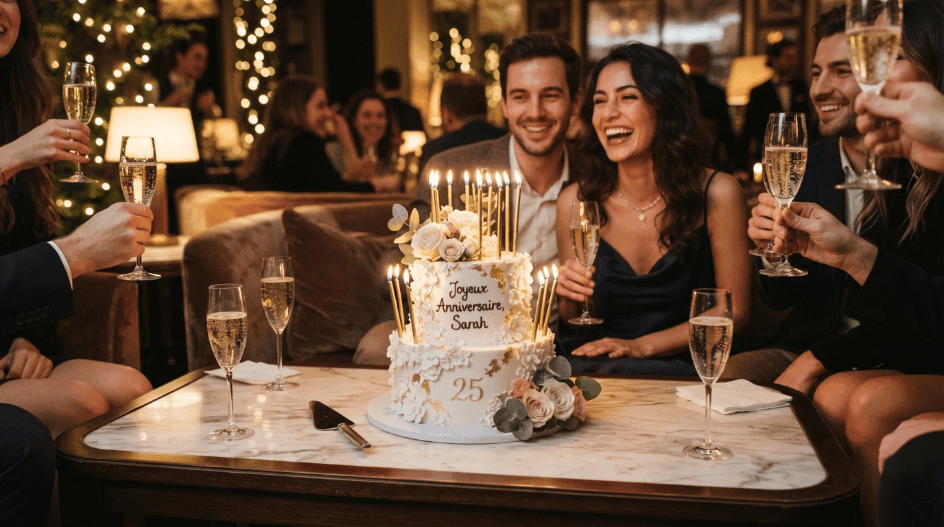 Anniversaire élégant avec gâteau et champagne
