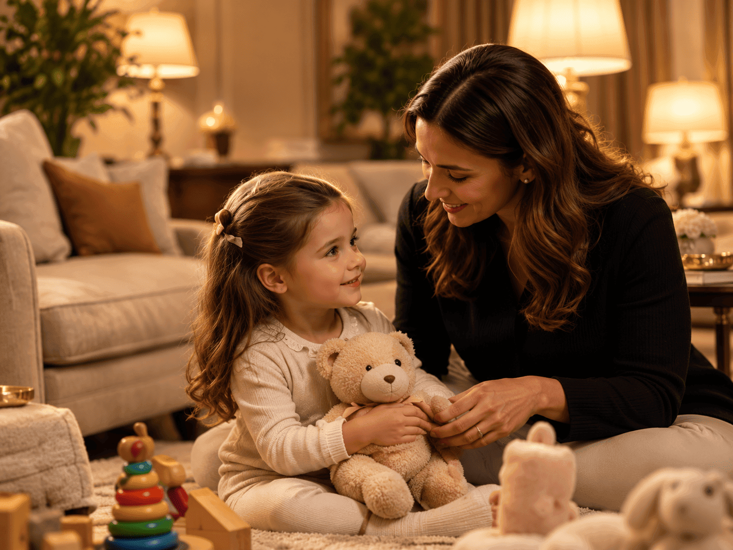 Baby-sitter accompagnant une enfant dans un salon