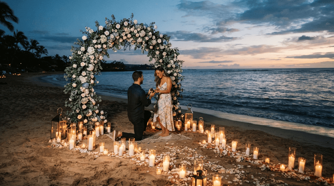 Demande en mariage romantique sur une plage au coucher du soleil