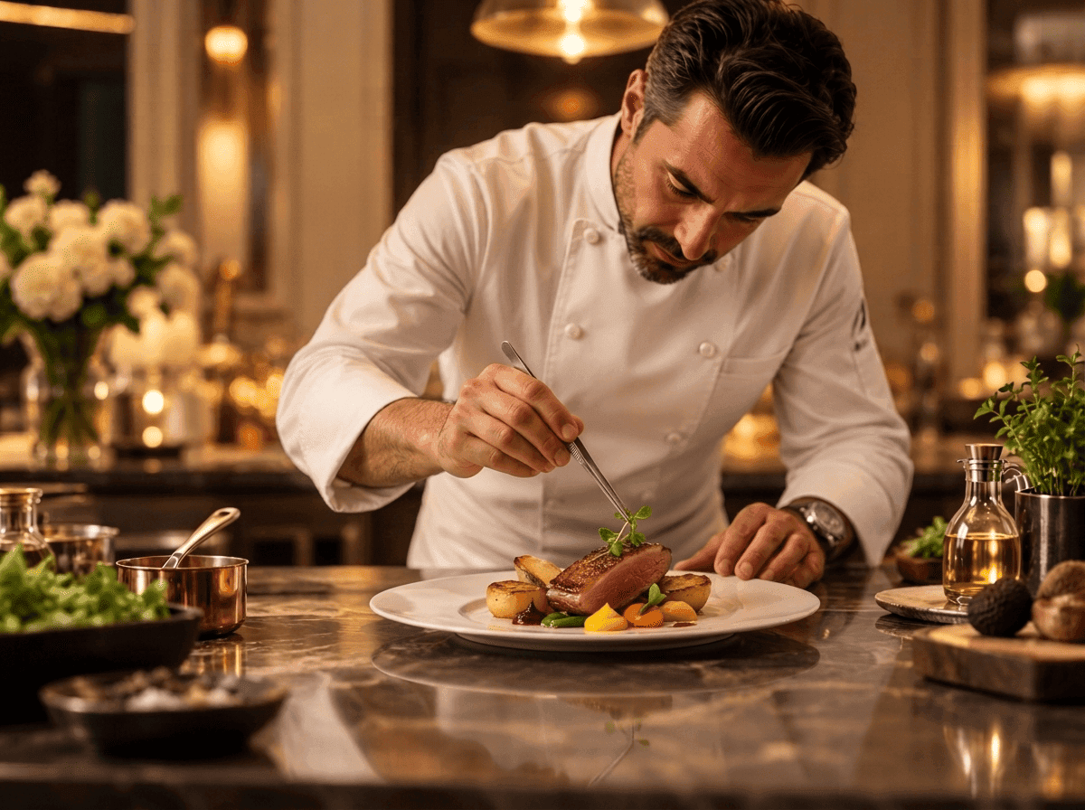 Chef privé préparant un dîner gastronomique à domicile